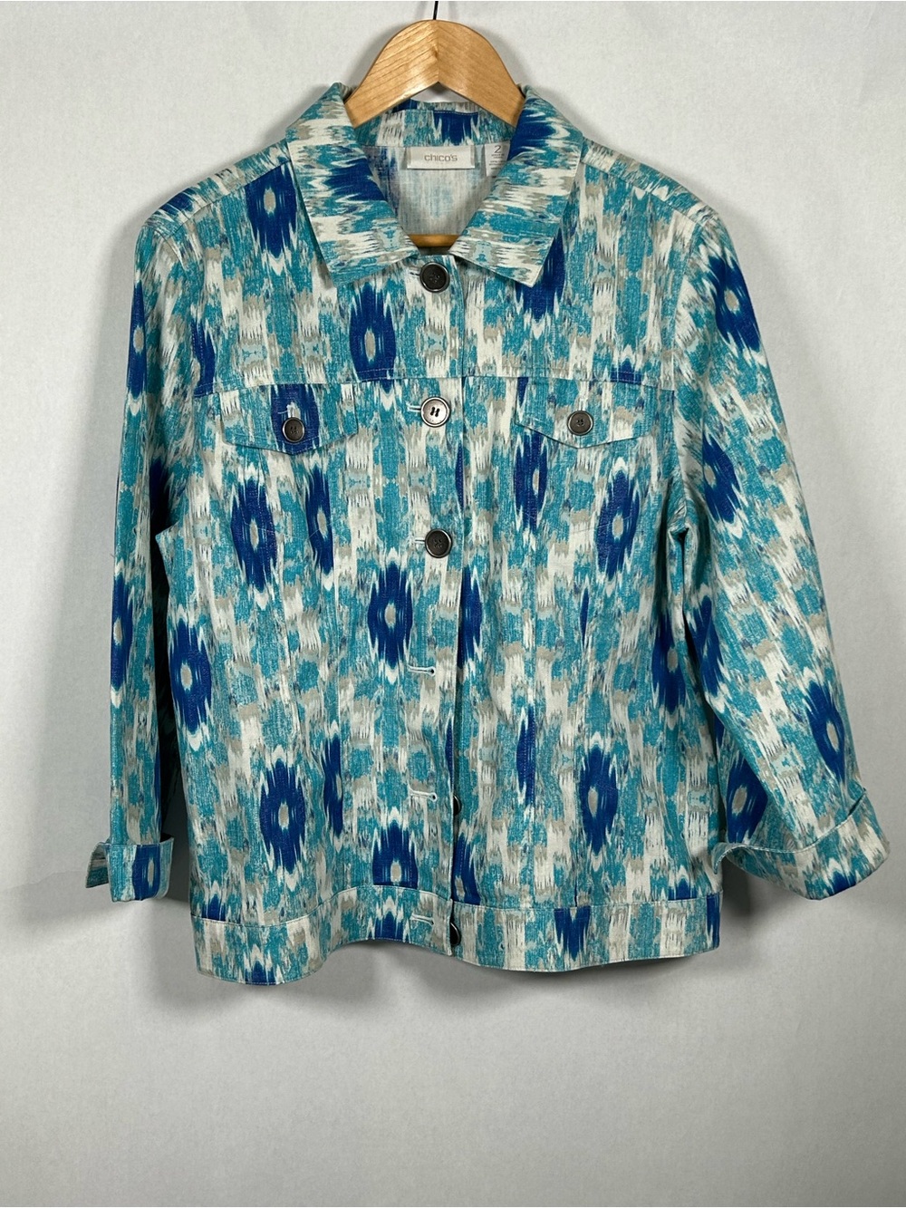 Chico’s Size 2 Medium Linen Blend Jean Jacket Ikat Print